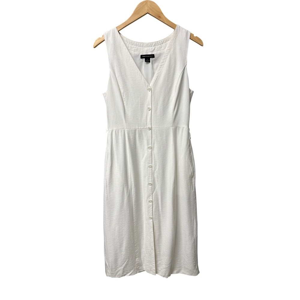 Something Navy Midi Dress Womens M White Button Front Sleeveless V-Neck Chic